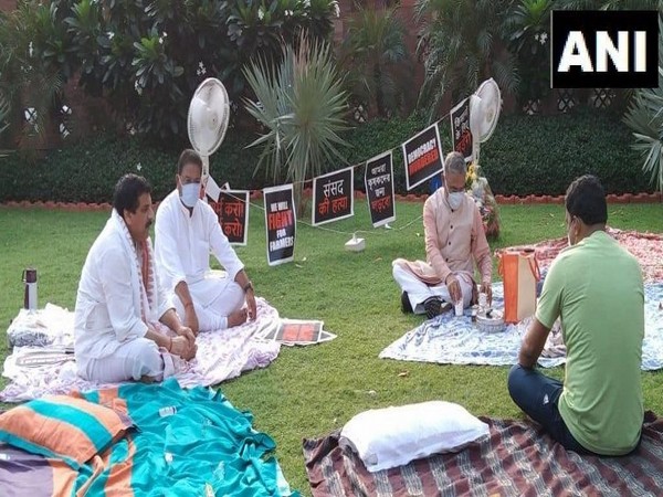 Suspended MPs at awn next to Gandhi statue in the Parliament premises on Tuesday. (Photo/ANI)