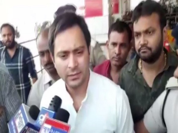 Leader of Opposition Tejashwi Yadav talking to reporters in Patna on Monday. Photo/ANI