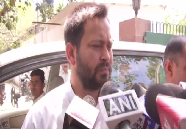 RJD leader Tejashwi Yadav speaking to media in Patna, Bihar on Monday Photo/ANI.