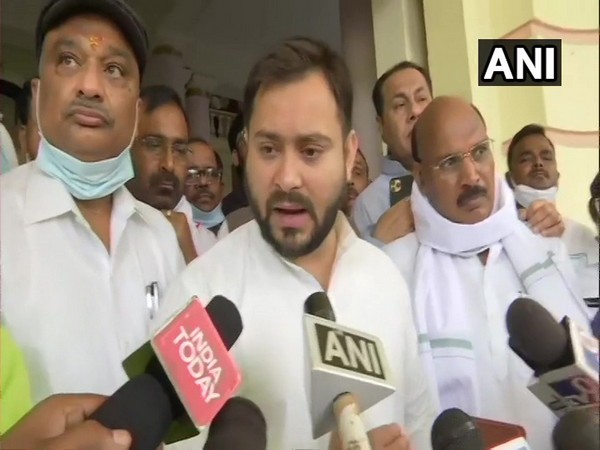RJD leader Tejashwi Yadav speaking to media in Patna on Wednesday. (Photo/ANI)