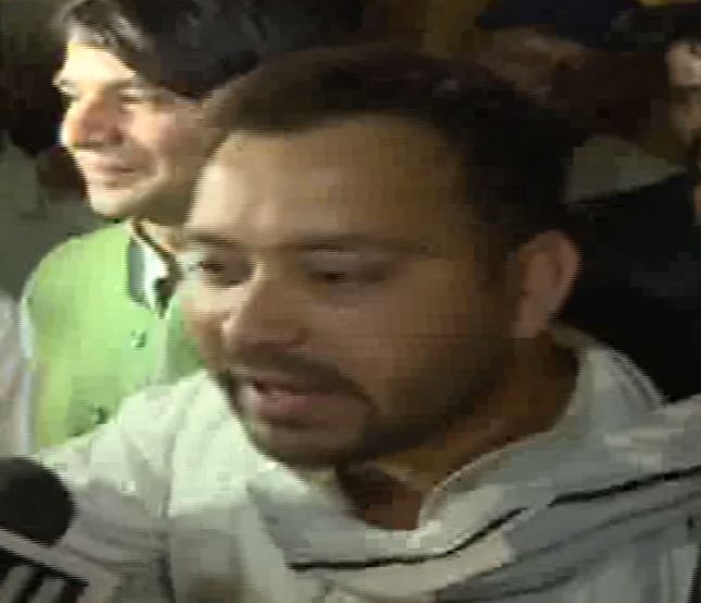 Tejashwi Yadav talking to media person at Patna on Tuesday 