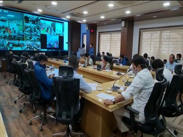 Municipal Administration and Urban Development Minister K Tarakarama Rao holds a video conference on Saturday. [Photo/ANI]