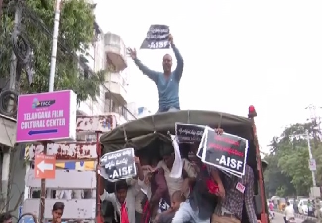 Police detains AISF protesters in Hyderabad, Telangana on Thursday.
