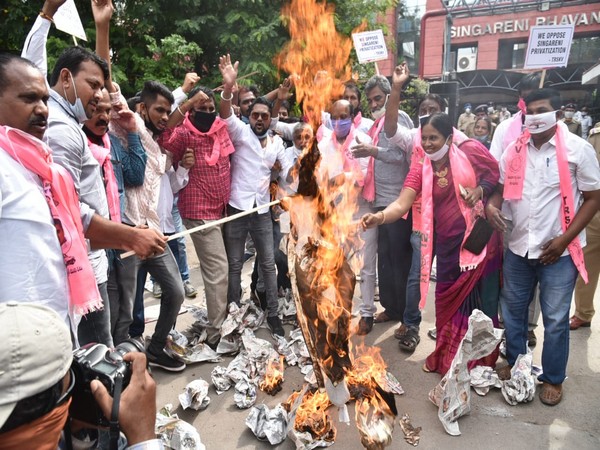 Coal mine workers affiliated to TBGKS hold protest against the privatisation of coal mines in Telangana. 