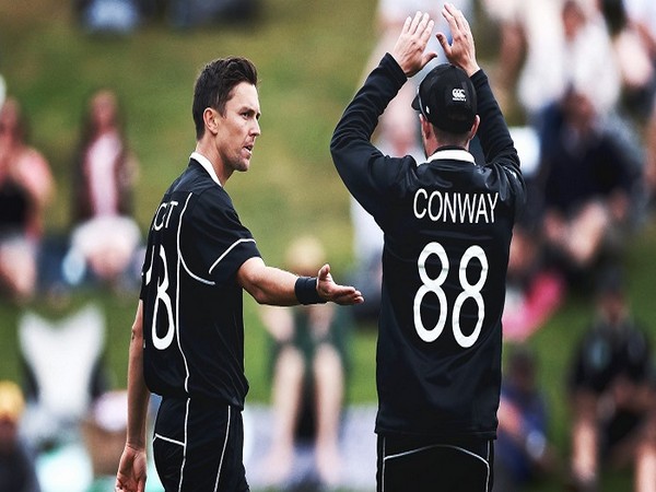 New Zealand pacer Trent Boult and Devon Conway (Image: ICC)