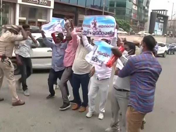 Protesters staging protest outside CM Camp Office, Hyderabad (Photo/ANI)