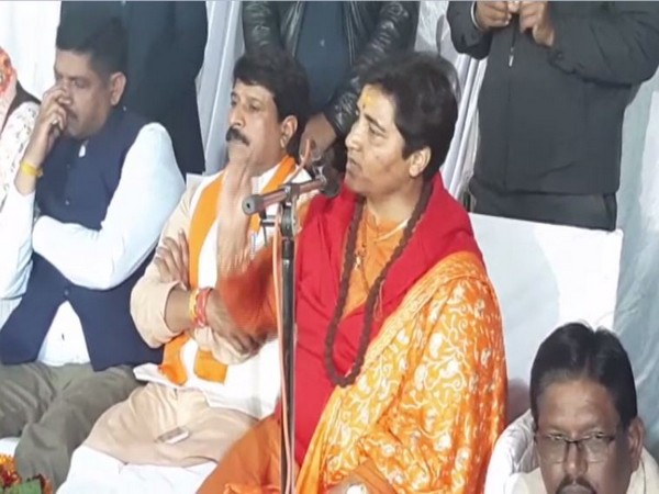Pragya Thakur addressing a gathering in Sehore, Madhya Pradesh. Photo/ANI