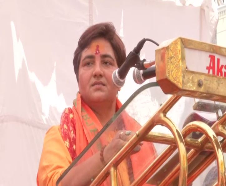 Sadhvi Pragya Singh Thakur addressing a public rally at Bhopal on Tuesday