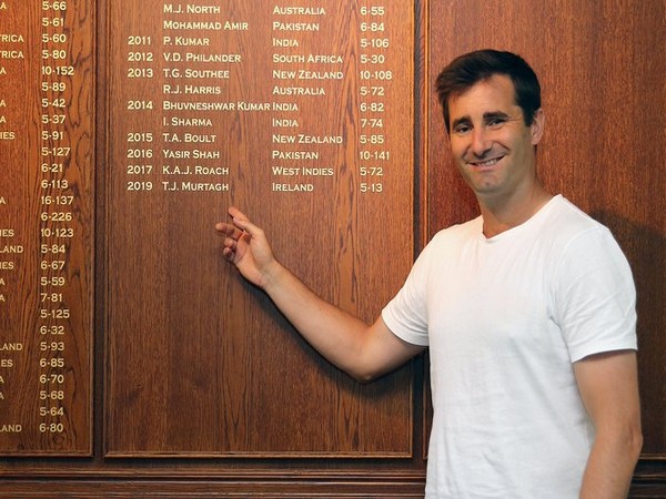 Ireland's Tim Murtagh pointing his name on Lord's Honours Board (Photo/Cricket Ireland Twitter)