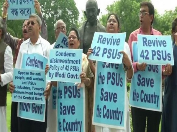 MPs from Trinamool Congress holding protest on Monday. Photo/ANI in front of the 