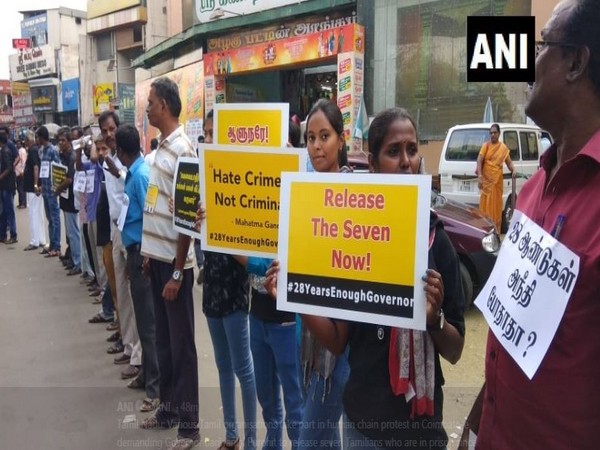 Human chain formed by various Tamil organizations in Coimbatore on Saturday. (Photo/ANI)
