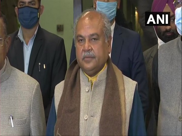 Union Agriculture Minister Narendra Singh Tomar speaking to reporters in New Delhi on Monday.