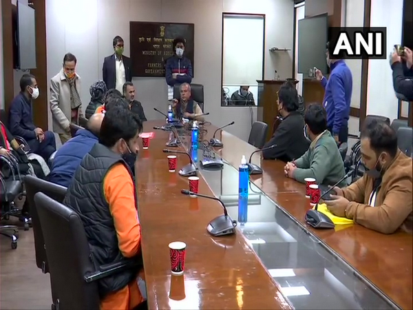 The farmers' delegation meets Agriculture Minister Narendra Singh Tomar at Krishi Bhawan on Sunday. (Photo/ANI)