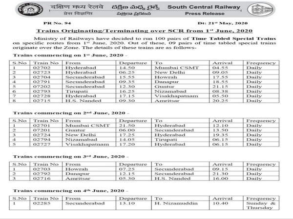The list of trains that will run from June 1.    Photo/ANI