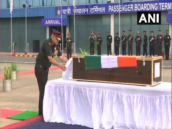 Mortal remains of Gorkha Rifles jawan Rajib Thapa at Palam Airport. Photo/ANI
