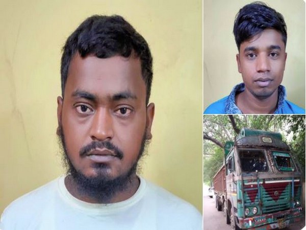 Baizlur Rehman and Mohammad Abu Bakkar Siddique, with the truck in which they were carrying 10.5 kg heroin. Photo/ANI