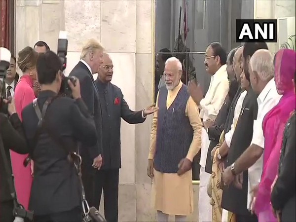 US President Donald Trump with President Ram Nath Kovind, Prime Minister Modi and other dignitaries at Rashtrapati Bhavan on Tuesday. Photo/ANI