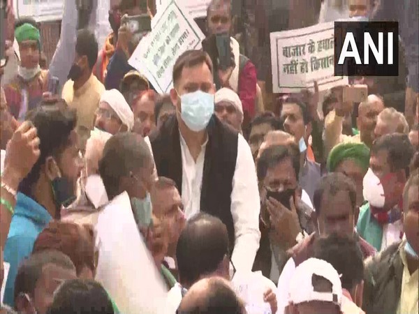 RJD leader Tejashwi Yadav during protest at Gandhi Maidan in Patna on Saturday. (Photo/ANI)