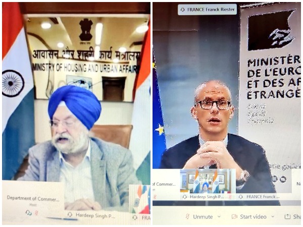 Union Minister for Housing and Urban Affairs Hardeep Singh Puri and French Minister Delegate for Foreign Trade and Economic Attractiveness Franck Riester. (Photo credit: Twitter/India in France)