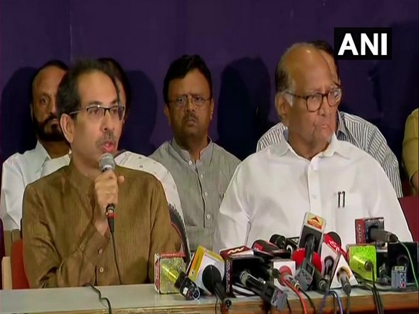 Shiv Sena chief Uddhav Thackeray speaking to reporters in Mumbai on Saturday.