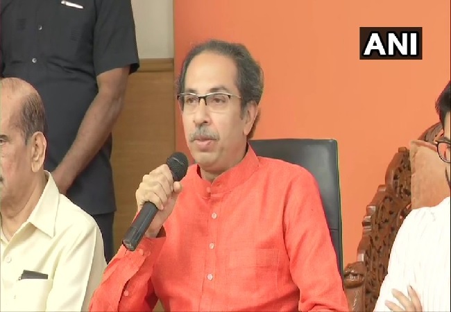 Shiv Sena chief Uddhav Thackeray speaking to media in Mumbai, Maharashtra on Saturday.
