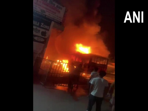 Visual of fire at a bus stand in Punjab's Bathinda (Photo/ANI)