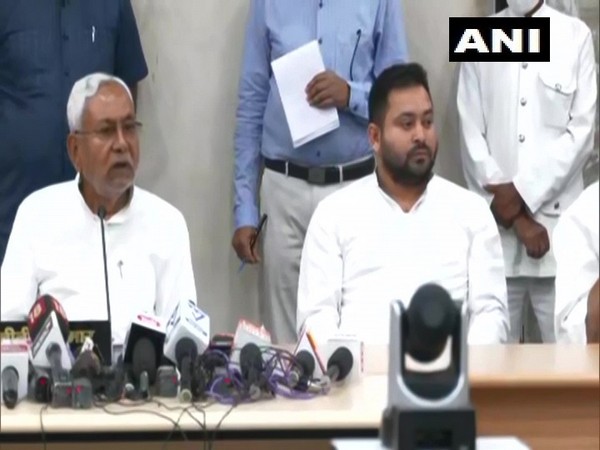 Bihar CM Nitish Kumar and RJD leader Tejashwi Yadav speaking to reporters after an all-party meet in Patna on Wednesday. (Photo/ANI)