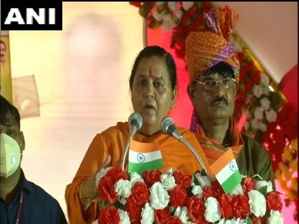 BJP leader Uma Bharti addressing public gathering in Bhind on Monday. (Photo/ANI)