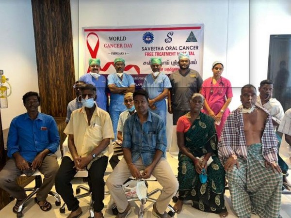 Dr. Senthilmurugan, Dr. Murugesan, Dr. Senthilnathan, Dr. Ramseshan, and Dr. Divya behind the patients at Free Cancer Screening and Awareness Program at Saveetha Oral Cancer Institute