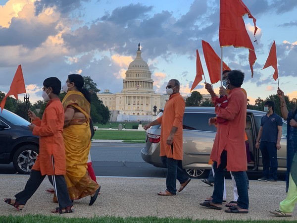 People of Indian heritage from in and around Washington DC gathered outside the Capitol Hill to celebrate Ayodhya's bhoomi pujan ceremony. (Photo/ANI)