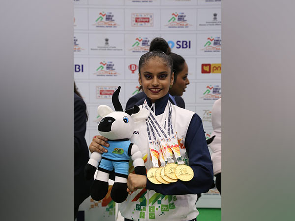 Maharashtra's Sanyukta Kale after winning five gold medals in Rhythmic gymnastics (Image: SAI/MYAS)