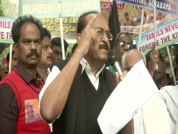 Rajya Sabha MP Vaiko addressing supporters during a protest against Sri Lankan President Gotabaya Rajapaksa's visit to New Delhi. Photo/ANI