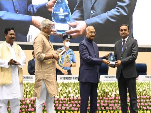 Visuals of Ramesh Kumar, CEO Shri Mata Vaishno Devi Shrine Board receiving the award from President Ramnath Kovind(Photo/ANI)