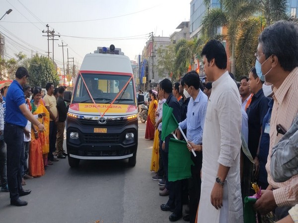 Tripura CM Biplab Kumar Deb flags off 16 patient transport ambulances in front of Rabindra Satabarshiki Bhavan, Agartala (Photo/ANI)