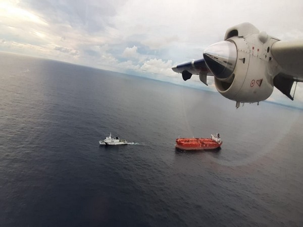 ICG Ship Vishwast tows the drifting oil tanker on Sunday. (ANI)