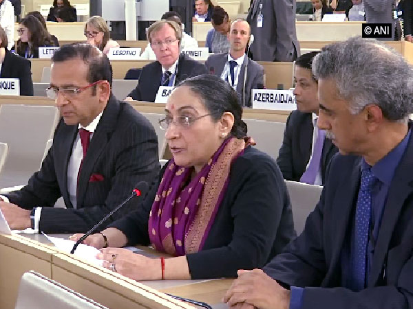 Vijay Thakur Singh, Secretary (East), External Affairs Ministry, speaking during the general debate at the UNHRC session in Geneva, Switzerland, on Tuesday. Photo/ANI