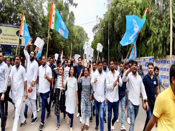 Visuals from the NSUI protest march in New Delhi on Thursday.