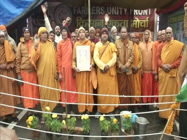 A group of Buddhist monks at the Gazipur (Delhi-UP) border. (Photo/ANI)