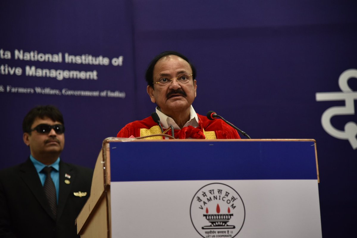  Vice President M Venkaiah Naidu addressing a gathering at the VAMNICOM in Pune on Monday. 