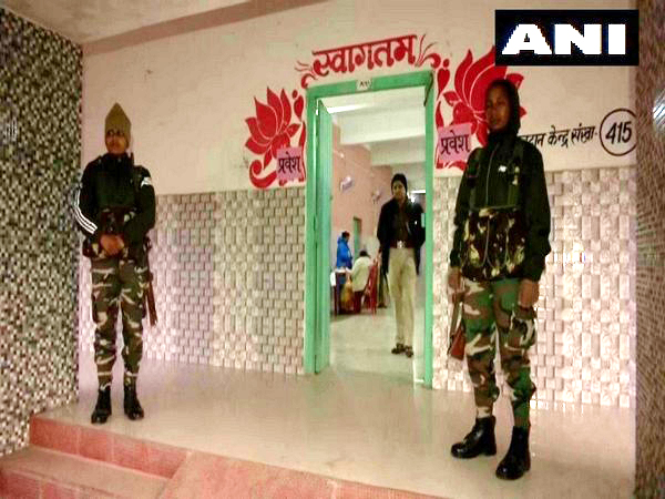 Security at a polling booth in Pakur in Jharkhand.