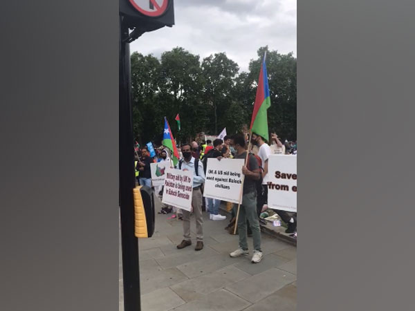 FBM UK Branch holding a protest in front of the British Parliament against Pakistani state atrocities on Saturday (ANI)