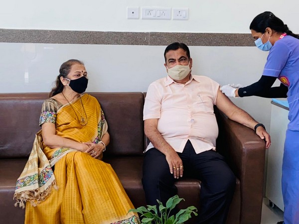 Visual of Union Road Transport and Highways Minister Nitin Gadkari taking first dose of COVID-19 vaccine