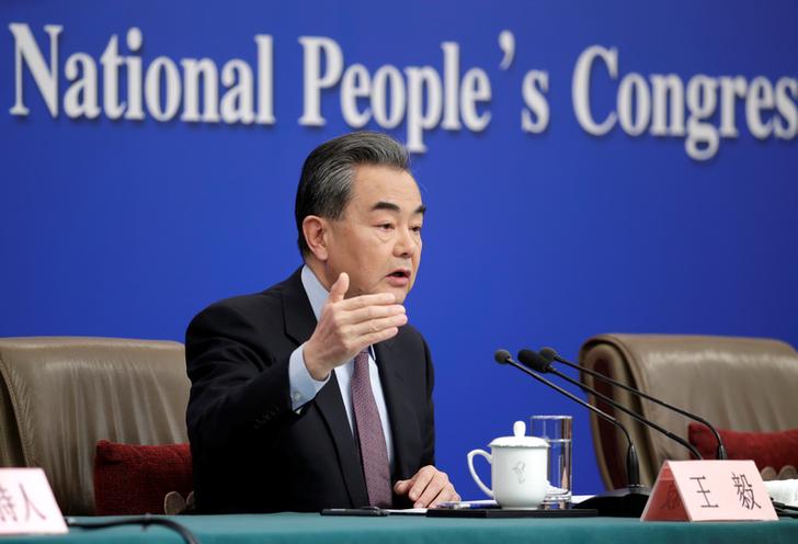 Chinese Foreign Minister Wang Yi speaking at a press conference  on March 8 in Beijing.