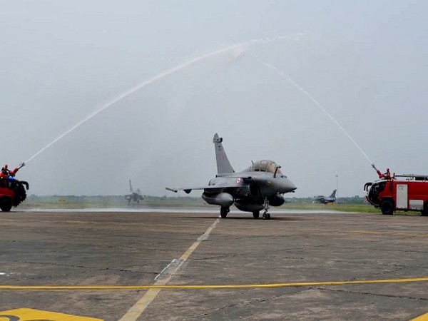 Water salute being given to the Rafale fighter aircraft after their landing at Indian Air Force airbase in Ambala on Wednesday.