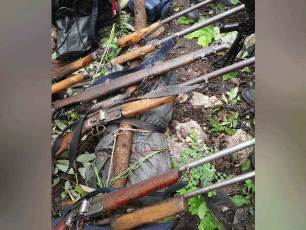 Weapons recovered at the site of encounter in Dhamtari, Chhattisgarh on Saturday. Photo/ANI