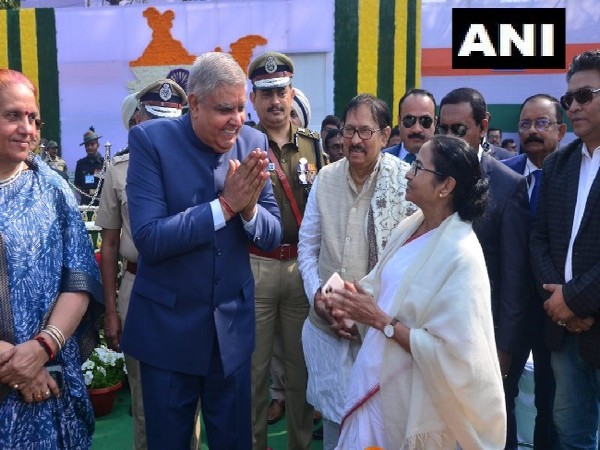 West Bengal Governor Jagdeep Dhankhar greeting Chief Minister Mamata Banerjee in Kolkata on Sunday.