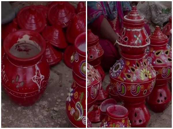 Ahead navratri festival,  clay pots are printed with the message of united India in Rajkot [Photo/ANI]
