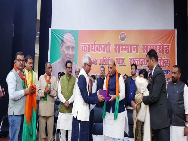 Union Defence Minister Rajnath Singh at the workers felicitation program in Lucknow on Saturday. Photo/ANI
