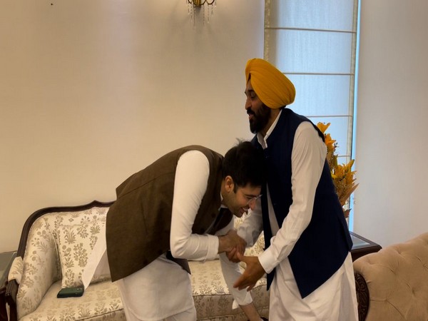 Punjab Chief Minister Bhagwant Mann meets MP Raghav Chadha (Photo/ANI)