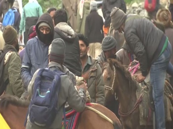 Pilgrims enroute to the holy Amarnath cave on Sunday. Photo/ANI